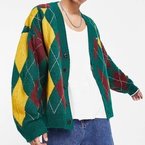Tommy Hilfiger Green Yellow Burgundy Argyle Knit Cardigan